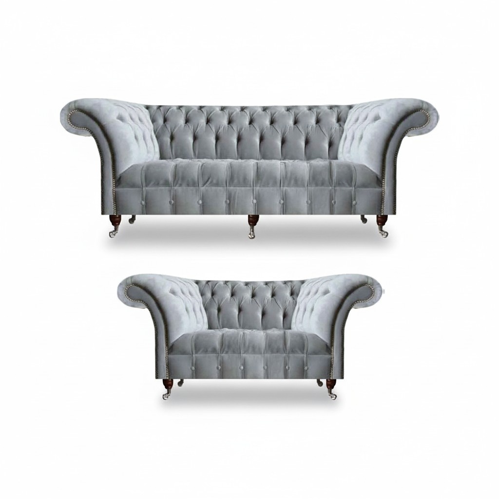 Chesterfield Hellgraue Polster Garnitur Designer 2x Textilsofas 2tlg