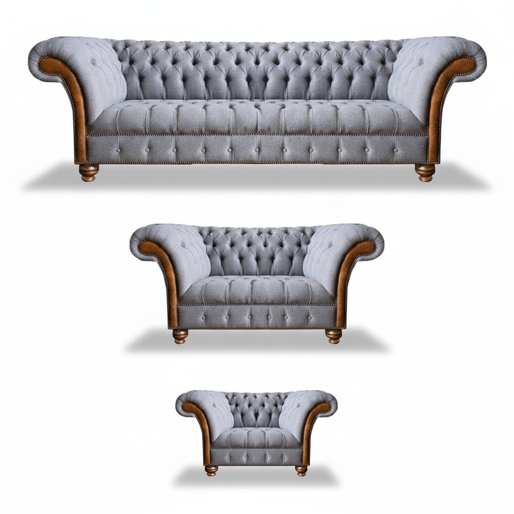 Chesterfield Hellgraue Polster Sofagarnitur Textil Designer 3tlg Set