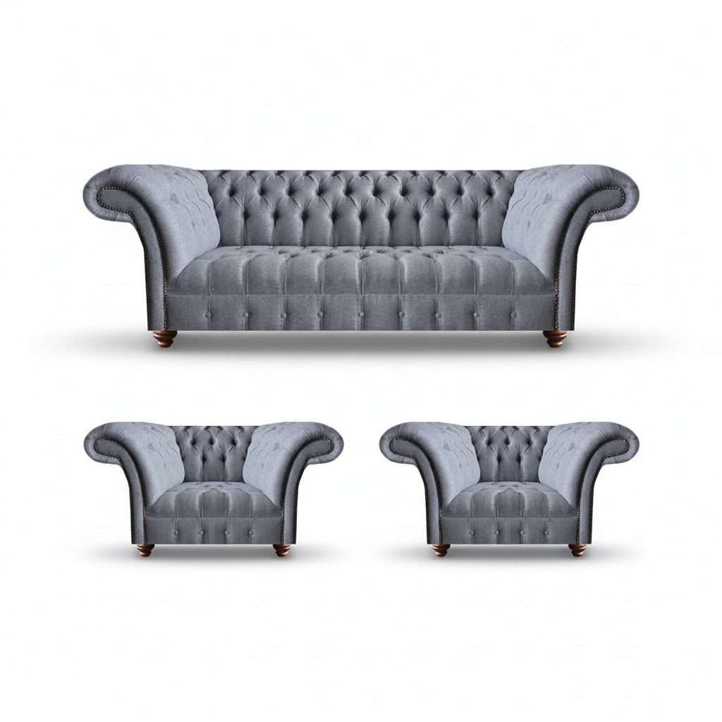 Chesterfield Hellgraue Sofagarnitur Edler Polster Dreisitzer 2x Sessel