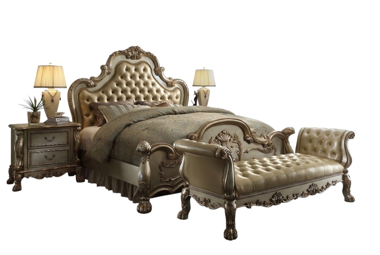 Chesterfield Leder Luxus Betten Bett 2x Nachttische Hocker Doppelbett 4tlg.Set