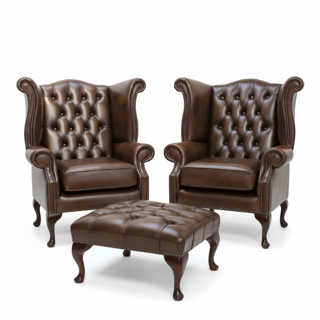 Chesterfield Leder Sessel Set Garnitur Ohrensessel x 2 + Hocker Garnitur