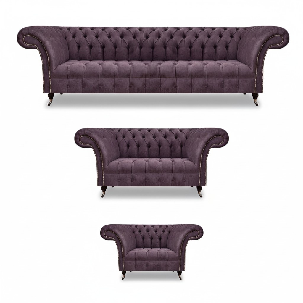Chesterfield Lila Textilsofas Designer Polster Couchen 3tlg Garnitur