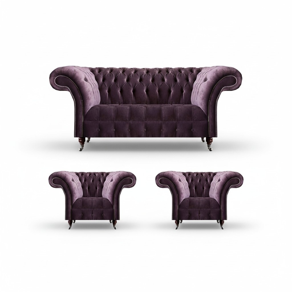 Chesterfield Lila Wohnimmer Couch Designer 2x Sitzsessel 3tlg Garnitur