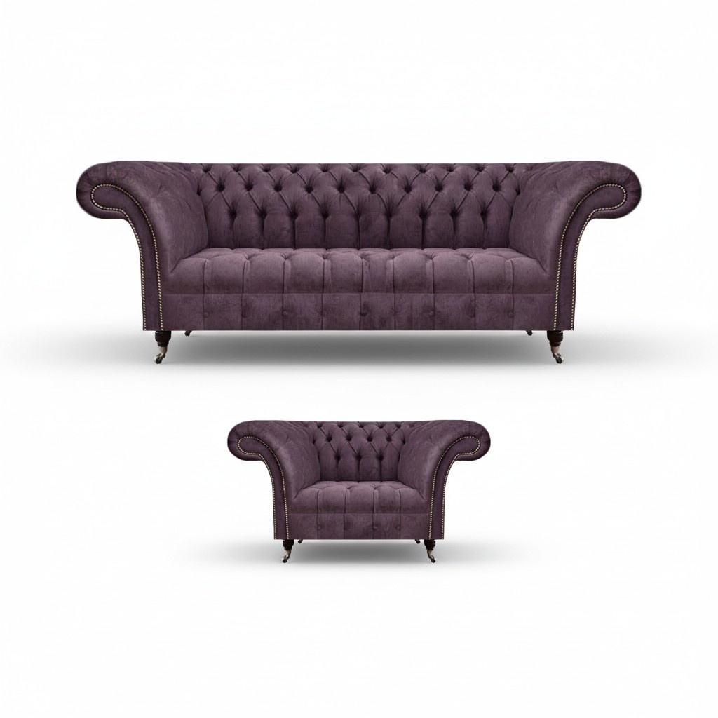 Chesterfield Lila Wohnzimmer Couchgarnitur Edler 3-Sitzer Textil Sessel