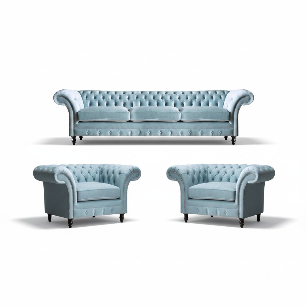 Chesterfield Polster Sitzmöbel Blaue Sofagarnitur 3-Sitzer 2x Sessel