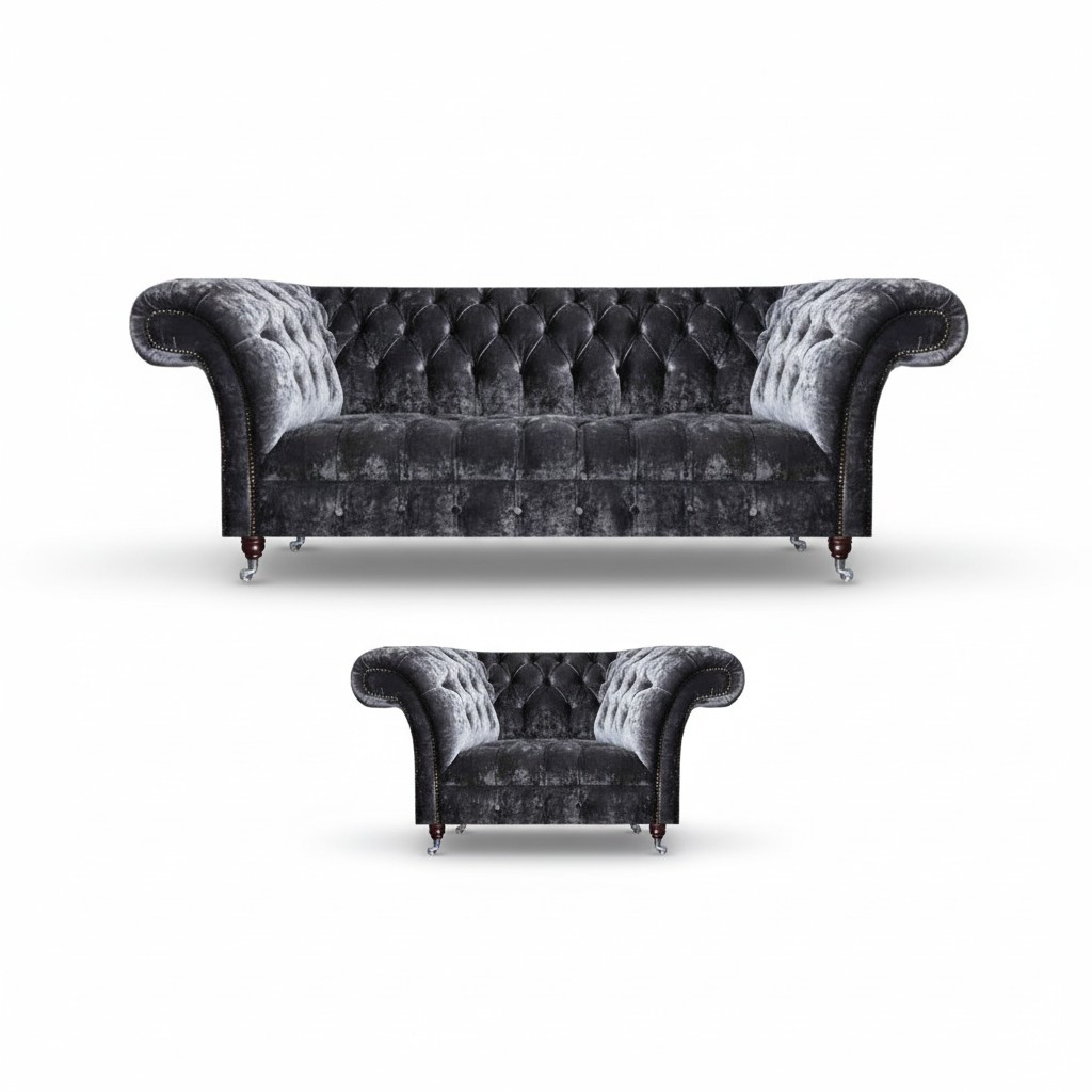 Chesterfield Polstermöbel Wohnzimmer Textil Dreisitzer Edler Sessel 2tlg