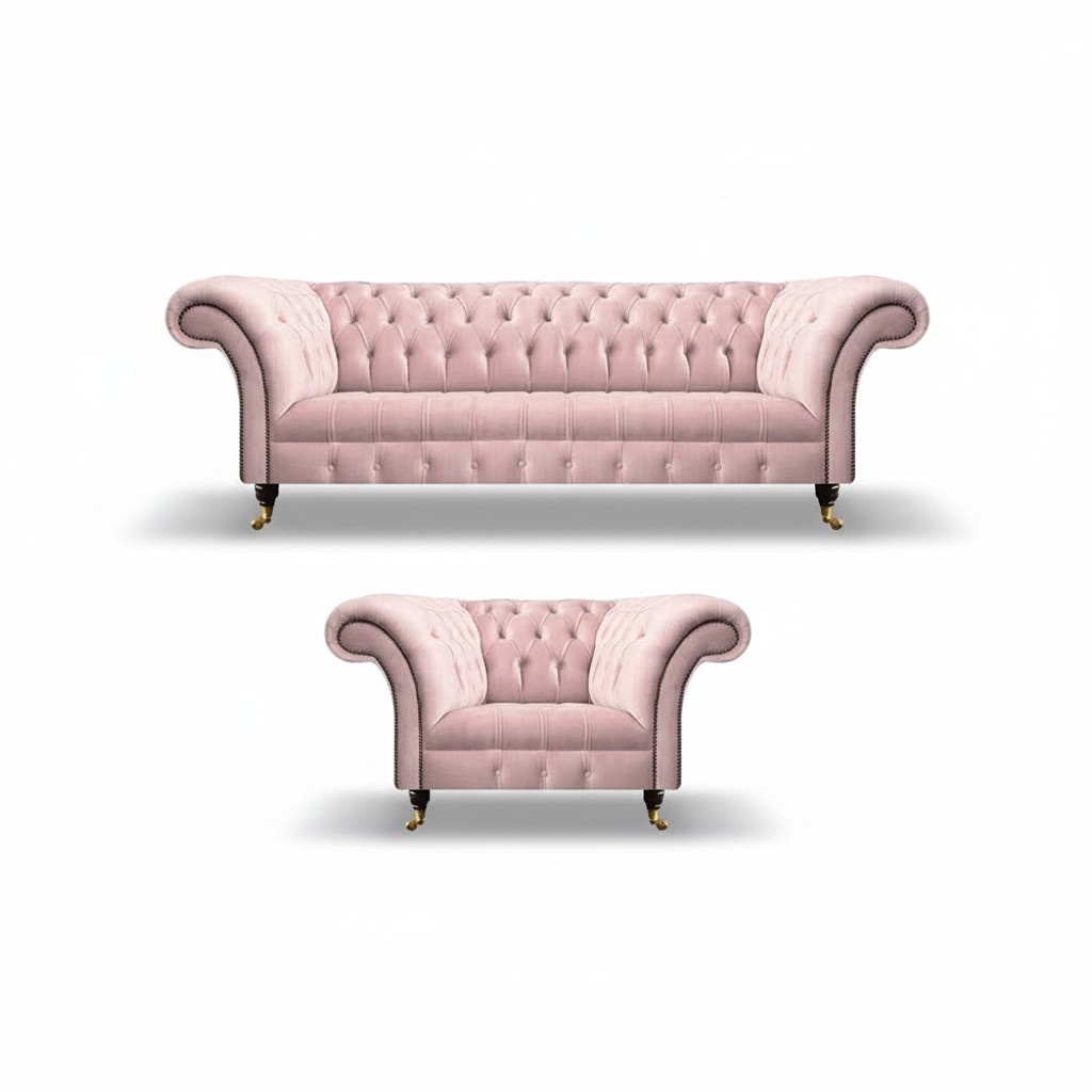 Chesterfield Rosa Komplett 2tlg Dreisitze Sofa Luxus Sessel Polstermöbel