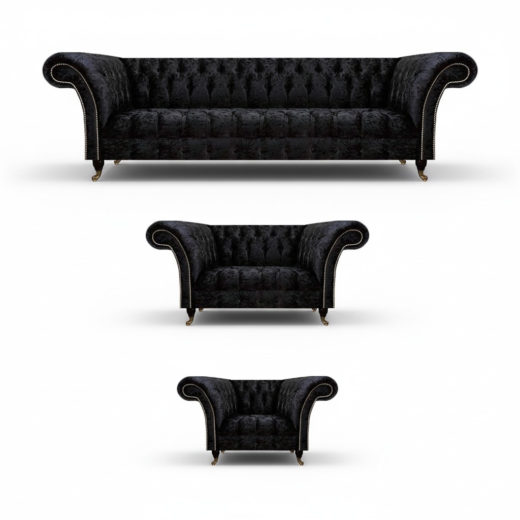 Chesterfield Schwarze Polstergarnitur Designer Wohnzimmer Couchen 3tlg
