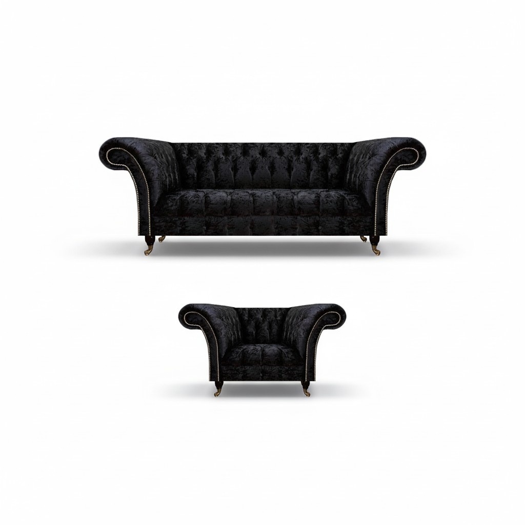 Chesterfield Schwarze Polstermöbel Designer Wohnzimmer Couch Sessel 2tlg