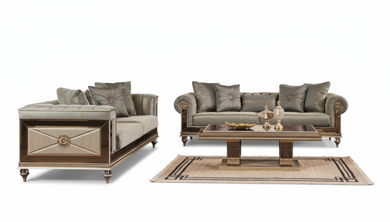 Chesterfield Sofagarnitur Dreisitzer Sitzer Grau Stoff Stoffsofa 2tlg