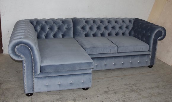 Design Chesterfield Ecksofa Eckcouch Loungesofa Couch Blau Textil Sofa