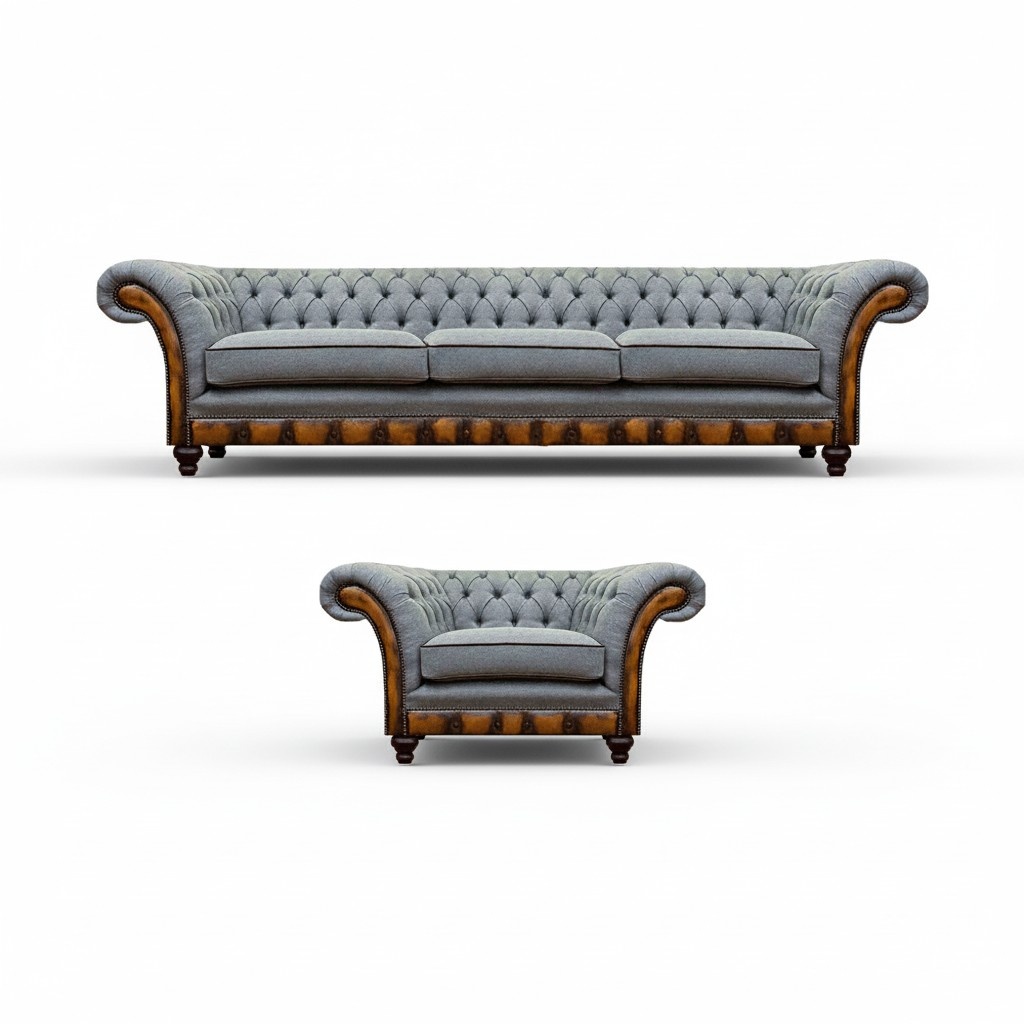 Chesterfield Wohnzimmer Stoffsofa Exklusiver Lehnsessel 3-Sitzer 2tlg