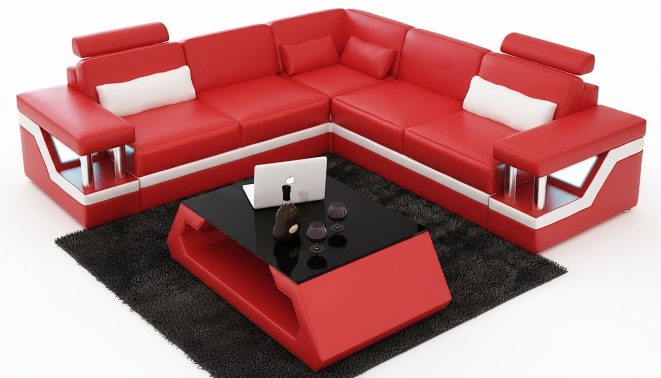 Couch Ecksofa Leder Wohnlandschaft Garnitur Design Modern Sofa L-Form Rot Möbel