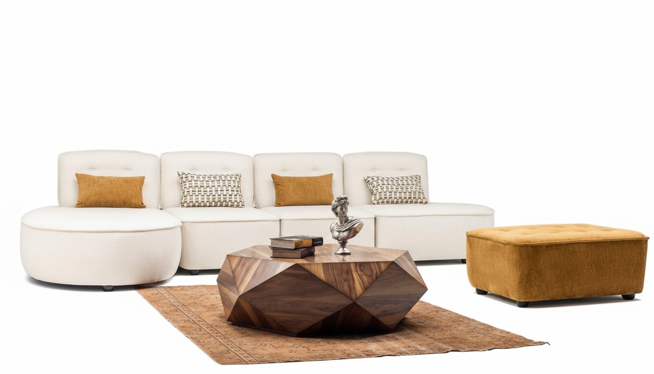 Couch xxl 4-Sitzer Sofa mit Hocker Wohnzimmer-Set Modular Beigem Textil