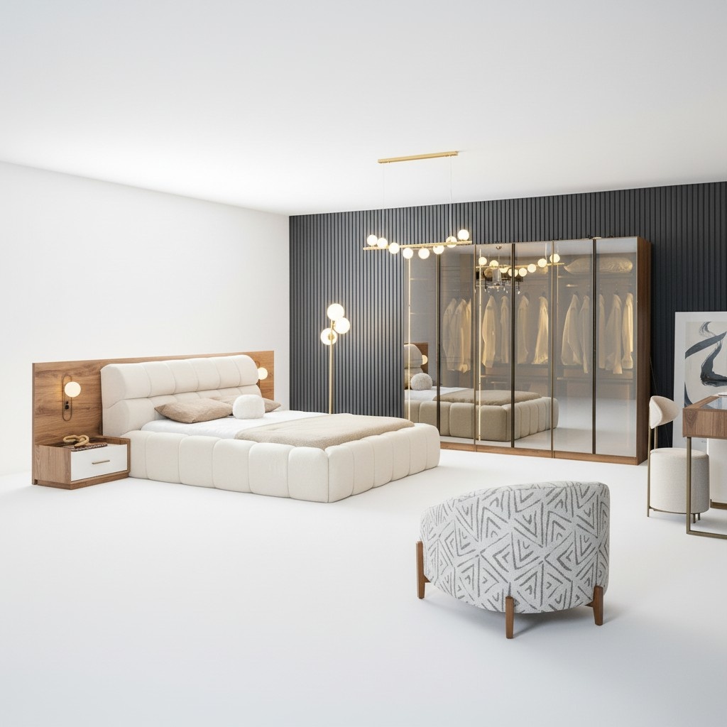 Braun Schlafzimmerset Doppelbett Kleiderschrank Nachttische Holz Möbel 4tlg