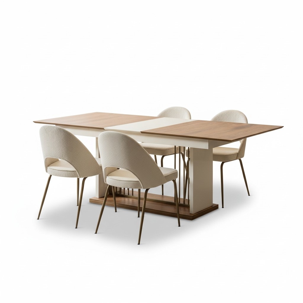 Beiges Esszimmer Set Rechteckiger Holztisch Designer 4x Polsterstühle