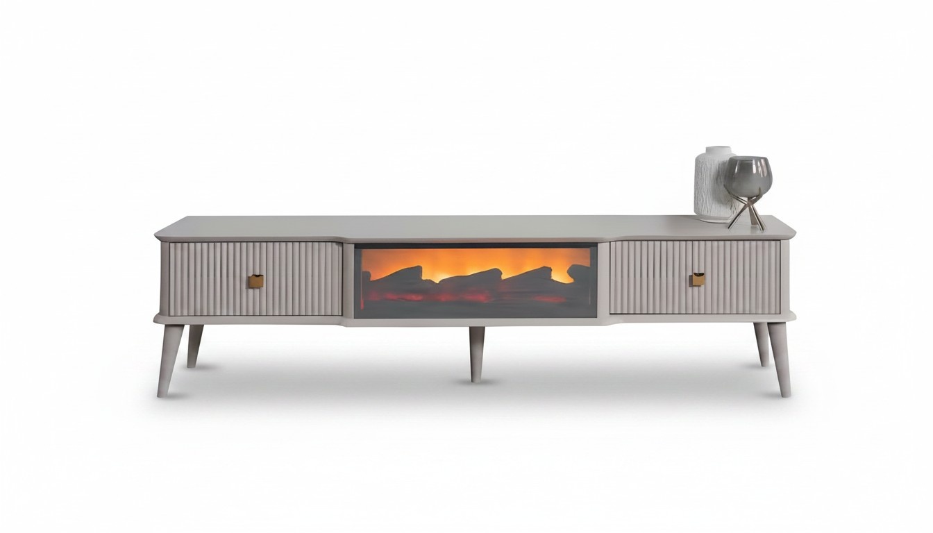 Der perfekte TV-Lowboard mit einem gemütlichen E-Kamin in der Mitte