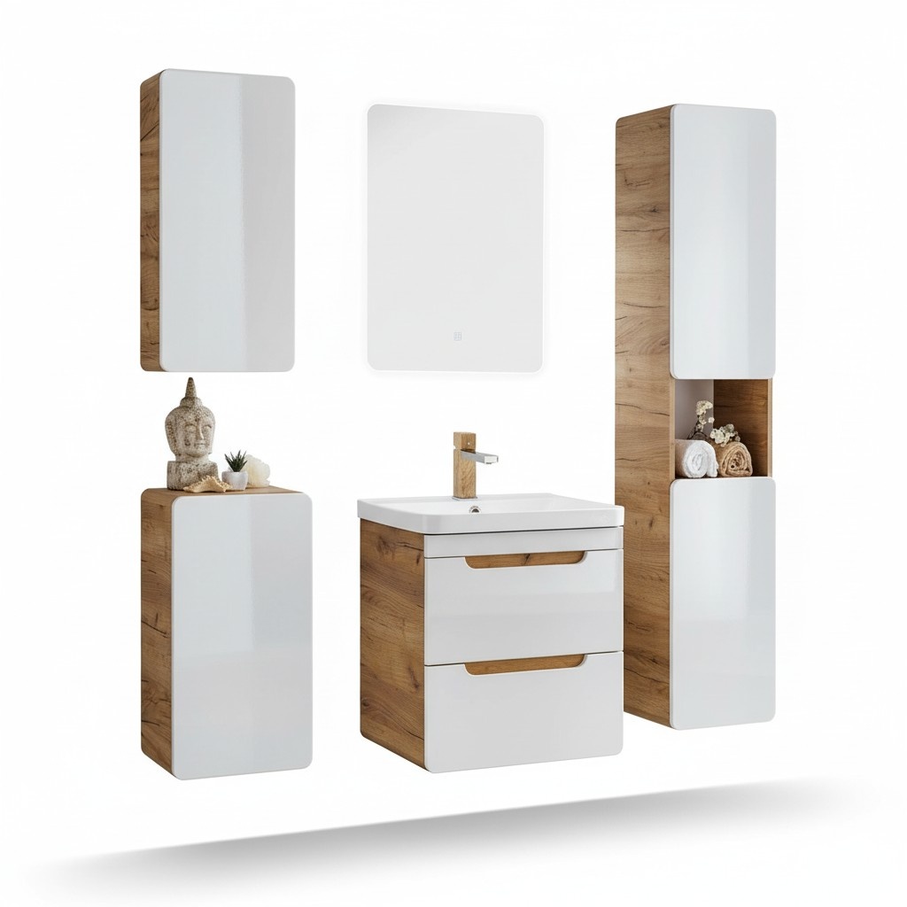 Design Bad Badezimmer Möbel 5tlg. Set Garnitur Schrank Waschbecken Beleuchtung