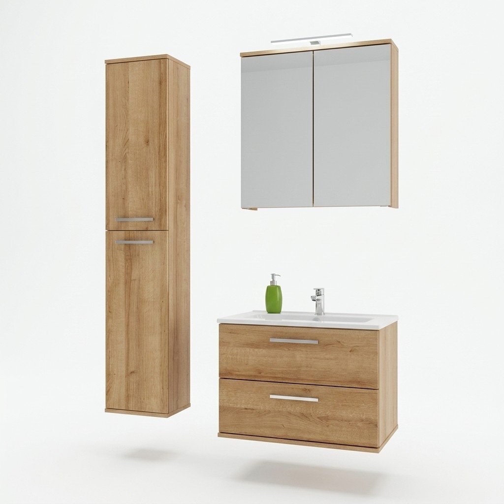 Design Badezimmer Möbel Bad 3 tlg. Set Garnitur Schrank Waschbecken Beleuchtung