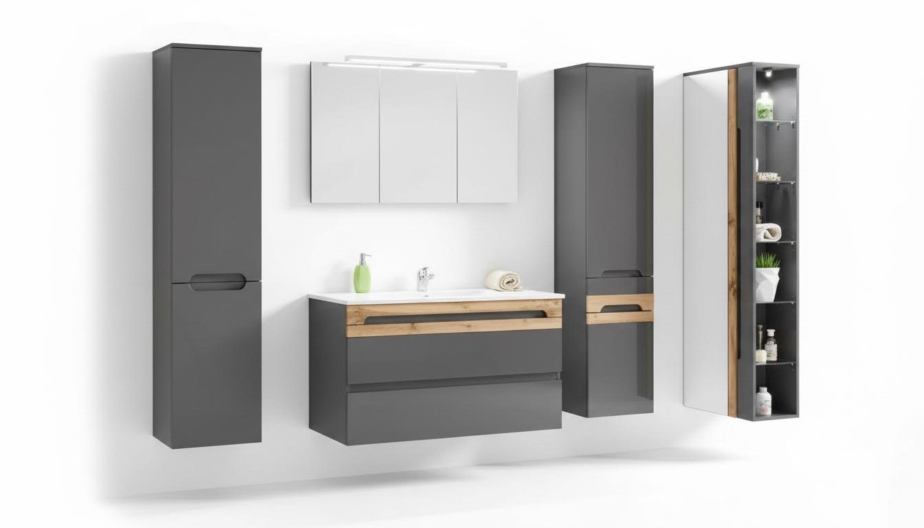 Design Badezimmer Möbel Bad 6 tlg. Set Garnitur Schrank Waschbecken Beleuchtung
