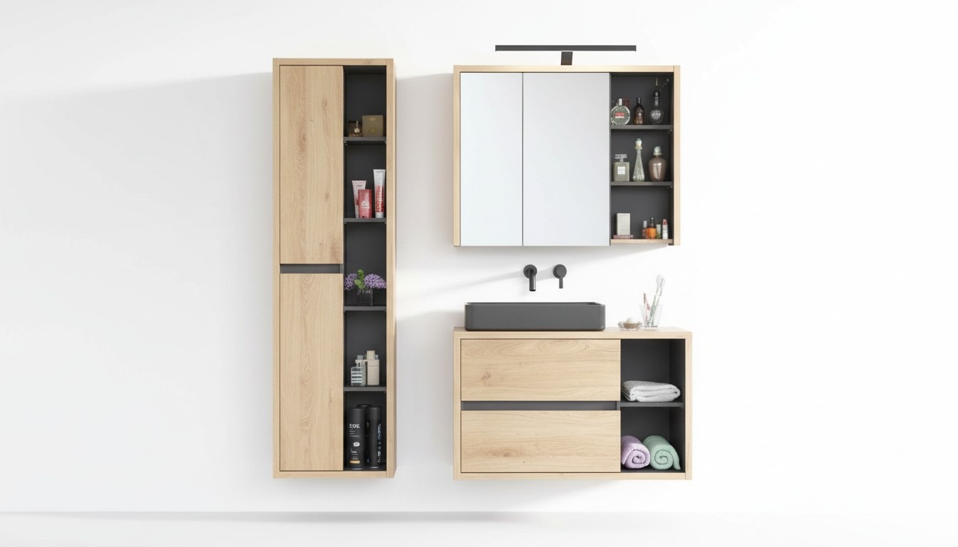 Design Badezimmer Möbel Bad 3 tlg. Set Garnitur Schrank Waschbecken Beleuchtung