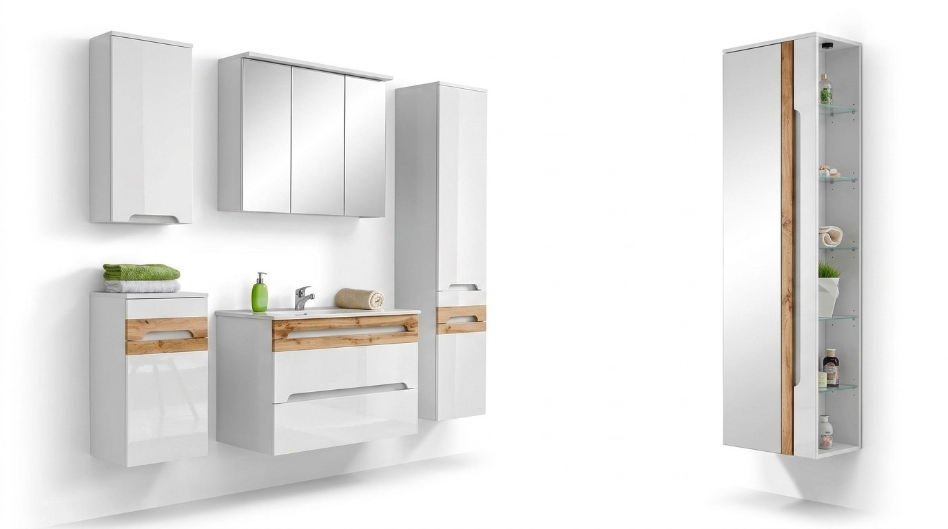 Design Badezimmer Möbel Bad 5 tlg. Set Garnitur Schrank Waschbecken Beleuchtung