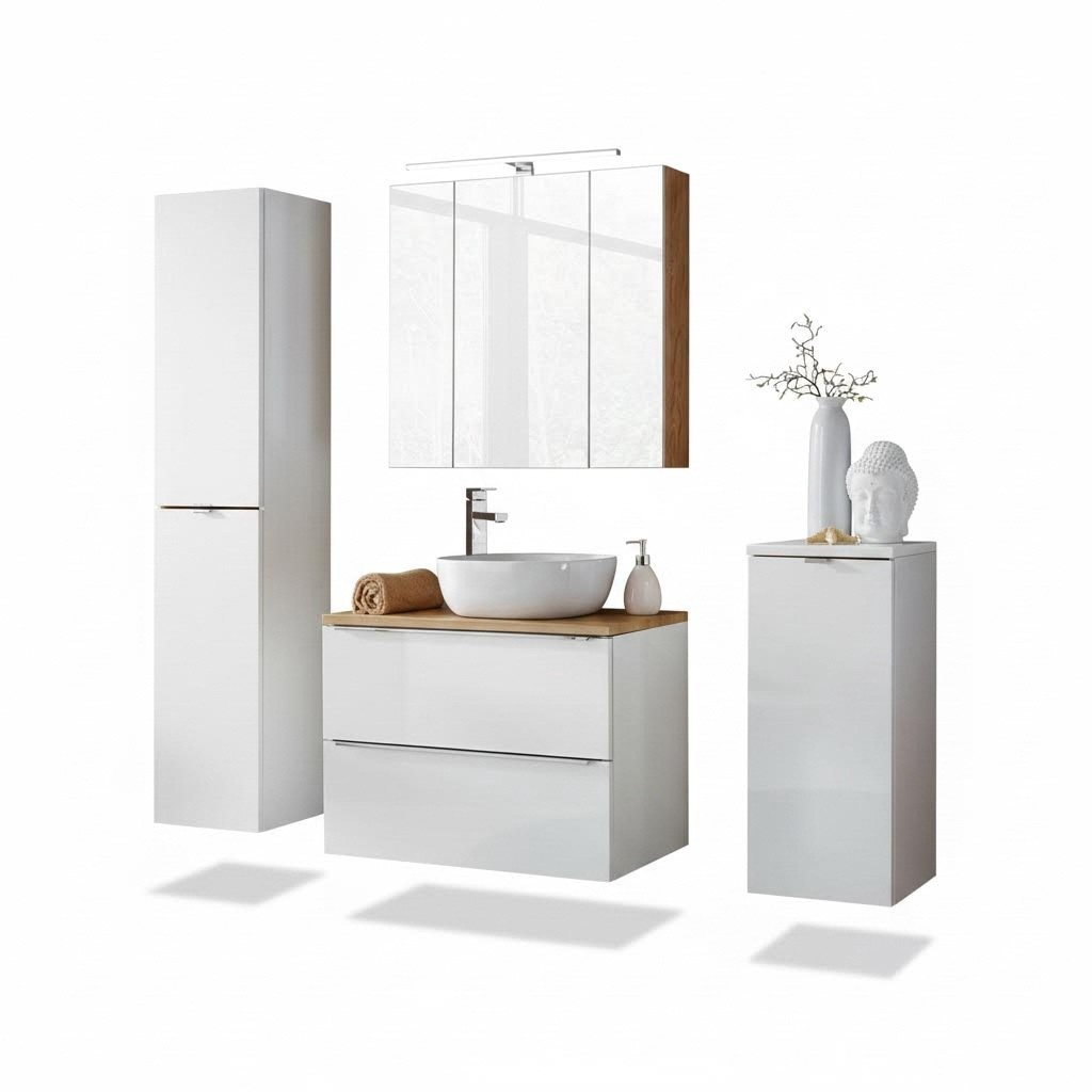 Design Badezimmer Möbel Bad 4 tlg. Set Garnitur Schrank Waschbecken Beleuchtung