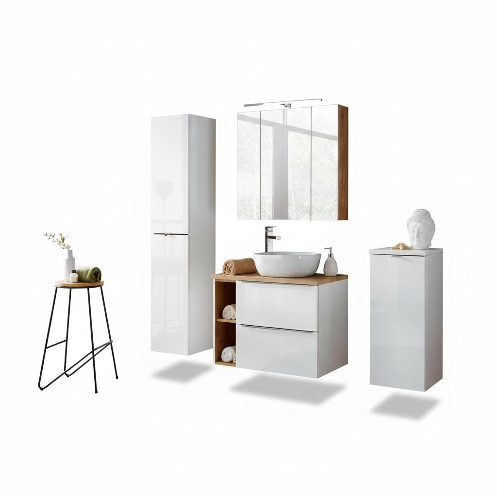 Design Badezimmer Möbel Bad 5 tlg. Set Garnitur Schrank Waschbecken Beleuchtung