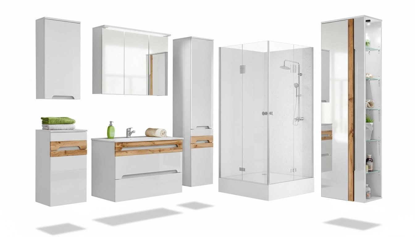 Design Badezimmer Möbel Bad 6 tlg. Set Garnitur Schrank Waschbecken Beleuchtung