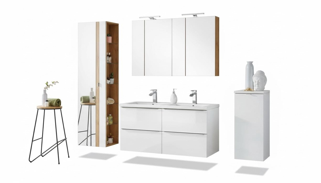 Design Badezimmer Möbel Bad 6 tlg. Set Garnitur Schrank Waschbecken Beleuchtung