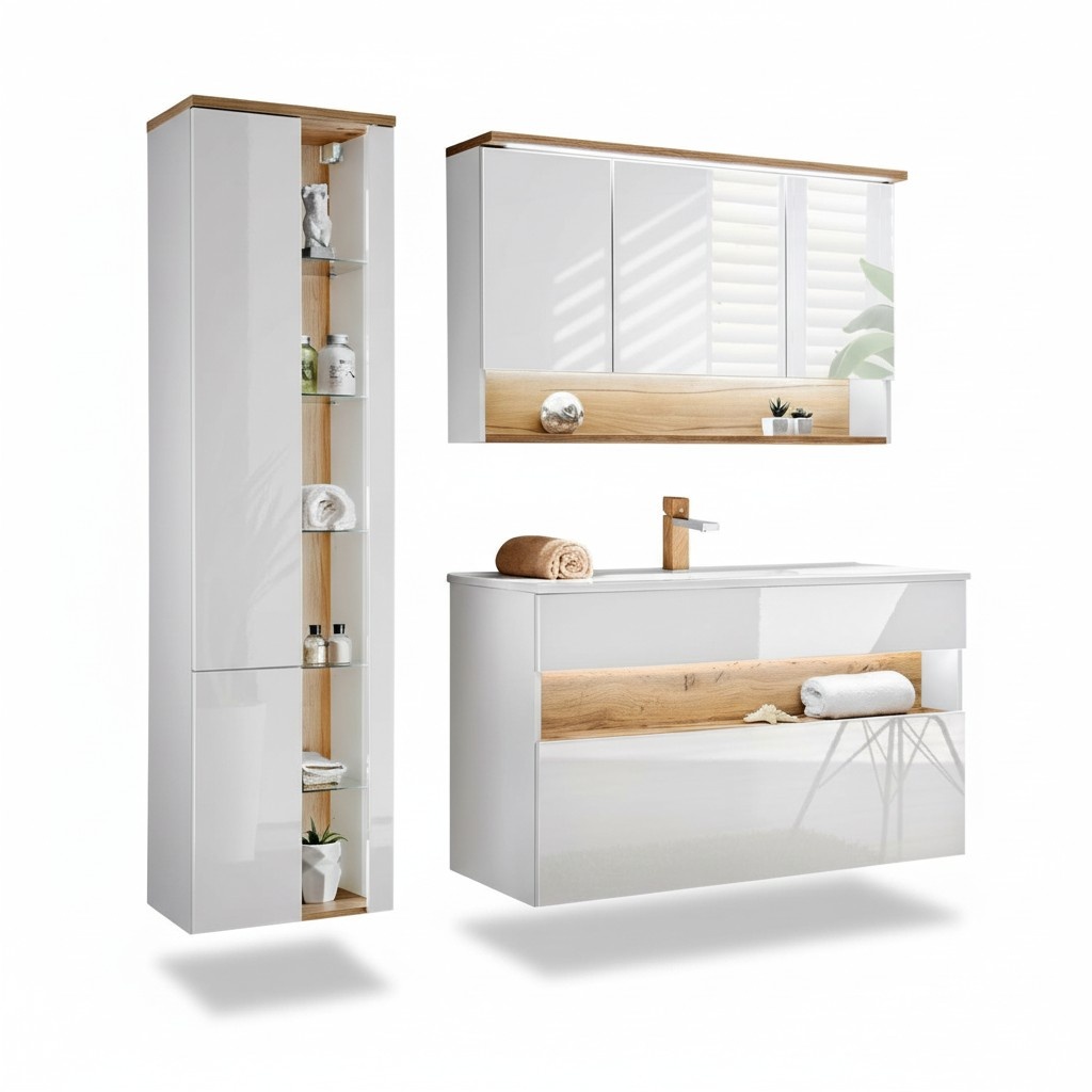 Design Badezimmer Möbel Bad 3 tlg. Set Garnitur Schrank Waschbecken Beleuchtung