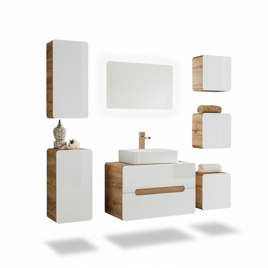 Design Badezimmer Möbel Bad 7 tlg. Set Garnitur Schrank Waschbecken Beleuchtung