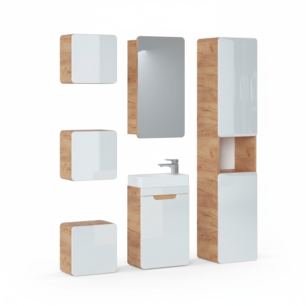 Design Badezimmer Möbel Bad 6tlg. Set Garnitur Schrank Waschbecken Beleuchtung