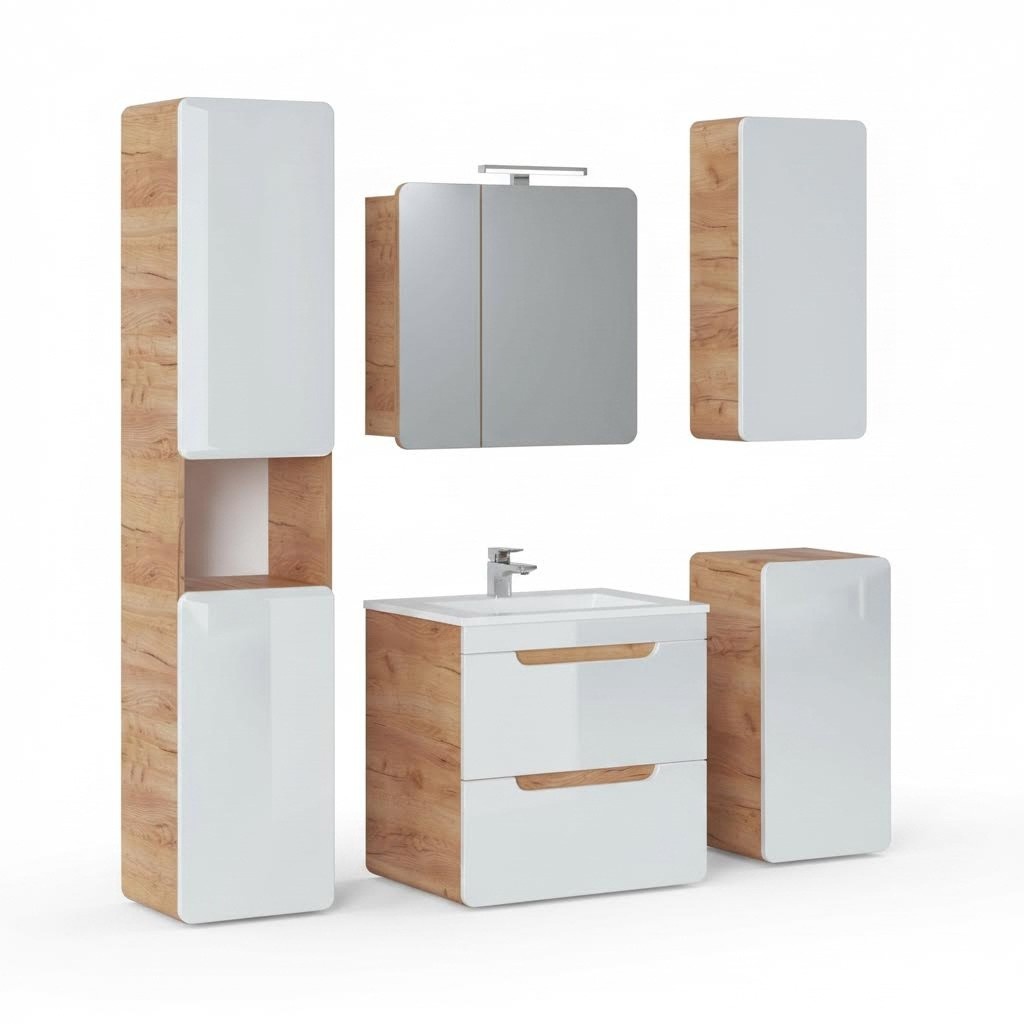 Design Badezimmer Möbel Bad 5tlg. Set Garnitur Schrank Waschbecken Beleuchtung