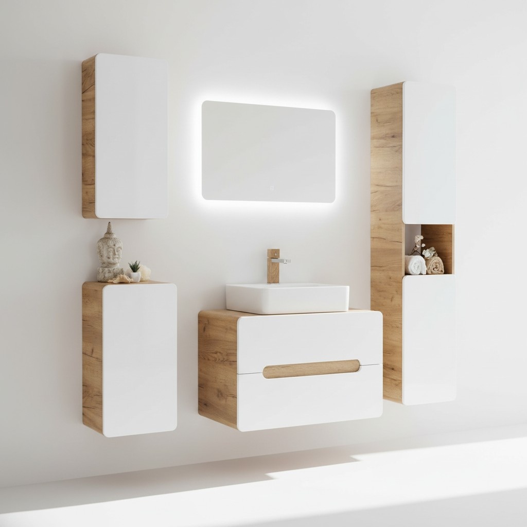 Design Badezimmer Möbel Bad 5tlg. Set Garnitur Schrank Waschbecken Beleuchtung