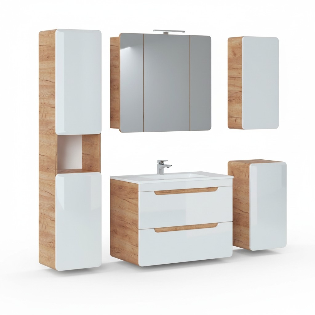 Design Badezimmer Möbel Bad 5tlg. Set Garnitur Schrank Beleuchtung Waschbecken