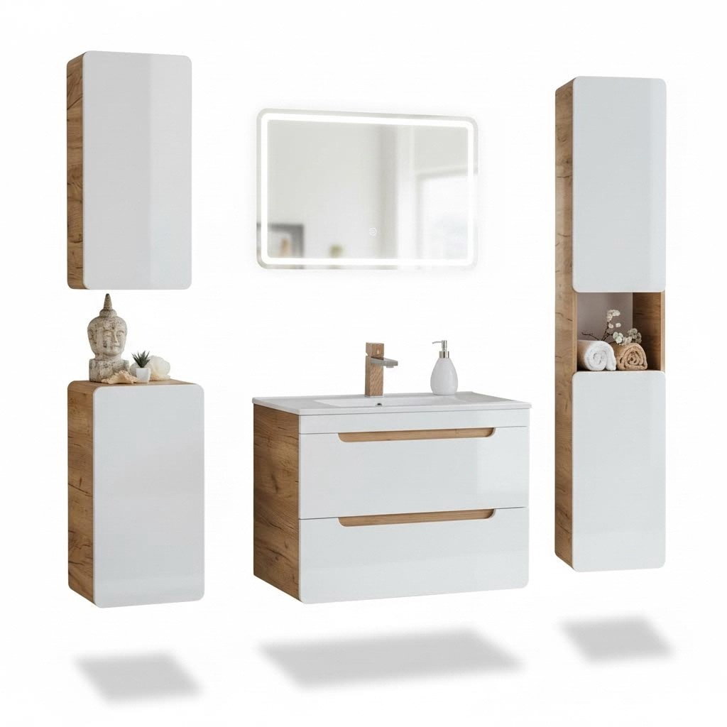 Design Badezimmer Möbel Bad Garnitur Schrank Waschbecken Beleuchtung 5tlg. Set