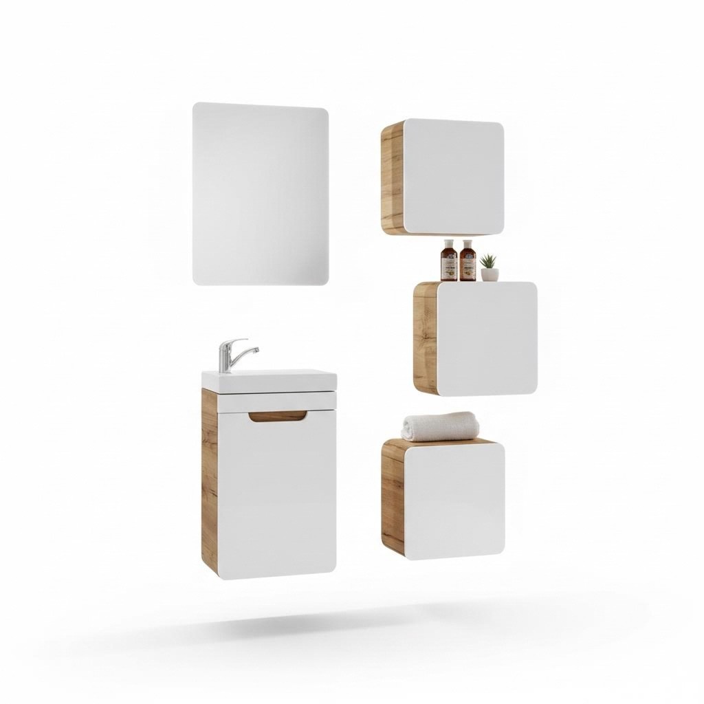Design Badezimmer Möbel Bad 5tlg. Set Schrank Waschbecken Beleuchtung Garnitur