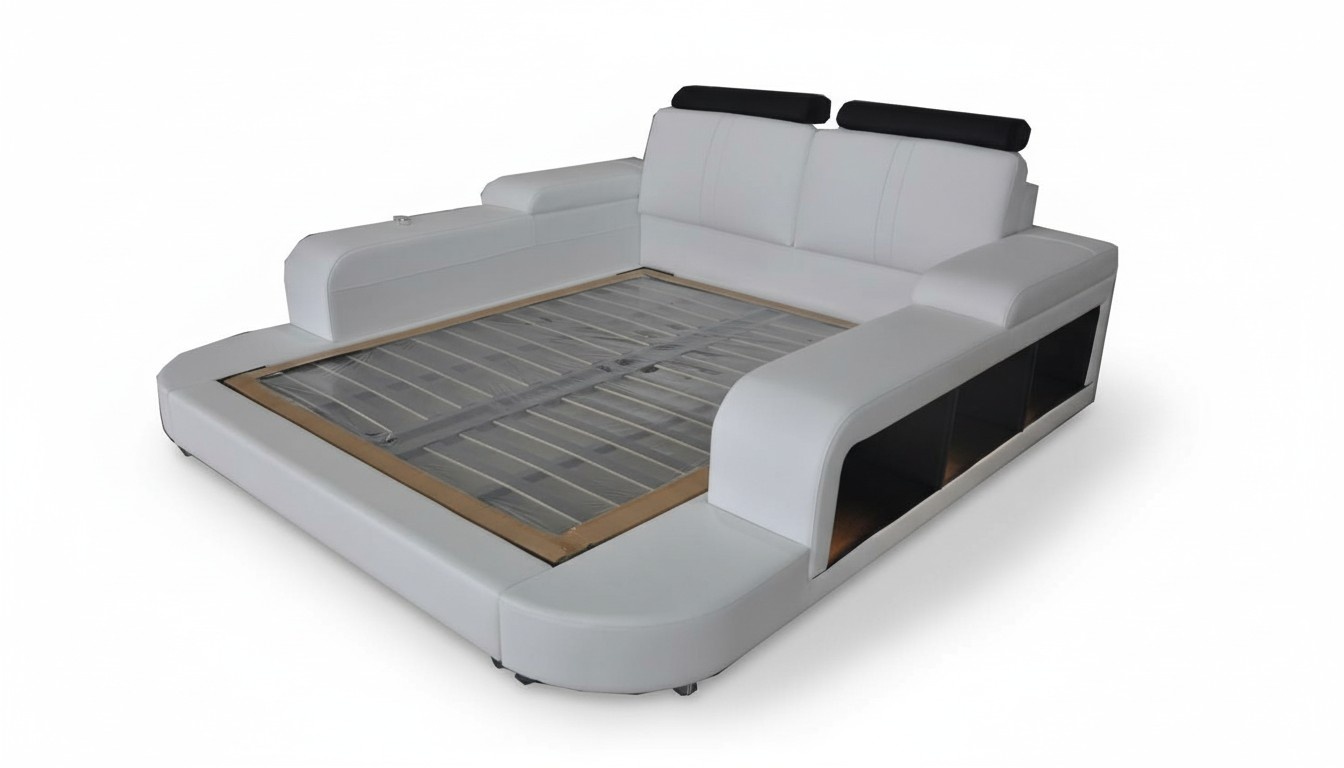 Design Bett XXL Big Leder Polster Betten Hotel Multifunktion Regal USB