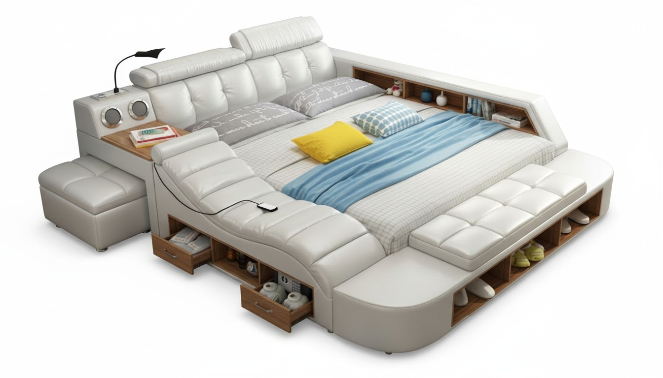 Design Bett XXL Big Betten Leder Polster Hotel 180x200cm Multifunktion Regal USB