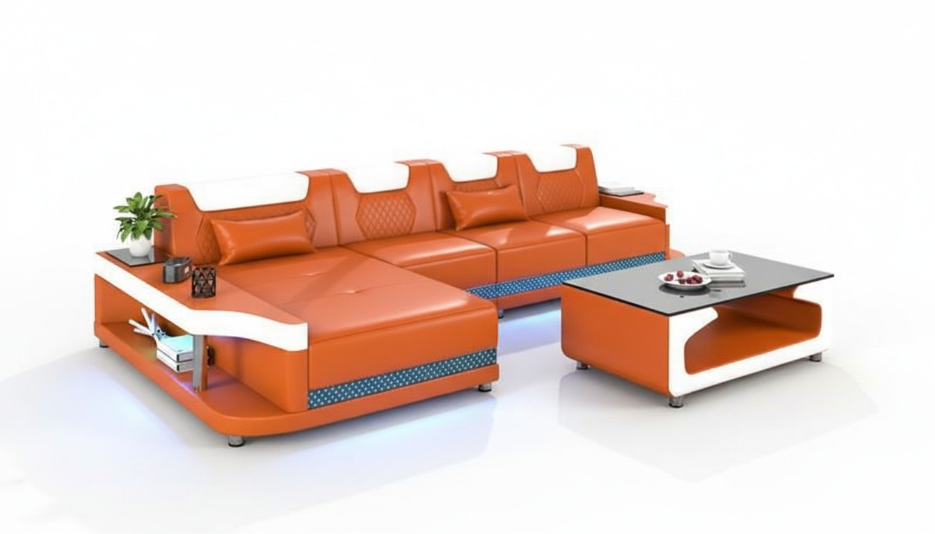 Design Eckcouch Ecksofa Wohnzimmer Möbel Lederpolster Sofa L Form + Couchtisch