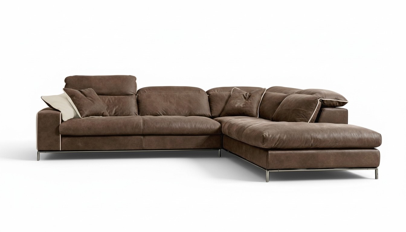 Design Ecksofa Prianera Moderne Luxus Ecke Leder Holz Sofa L-Form Braun Sofas