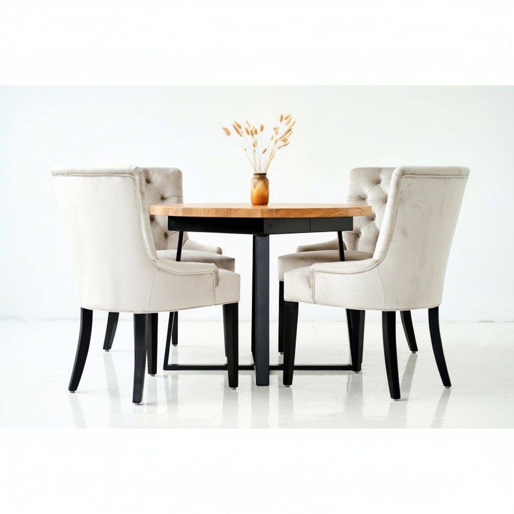 Design Esszimmer Tisch + 6 Chesterfield Lehnstühle Sitz Gruppe Stühle Holz Stuhl