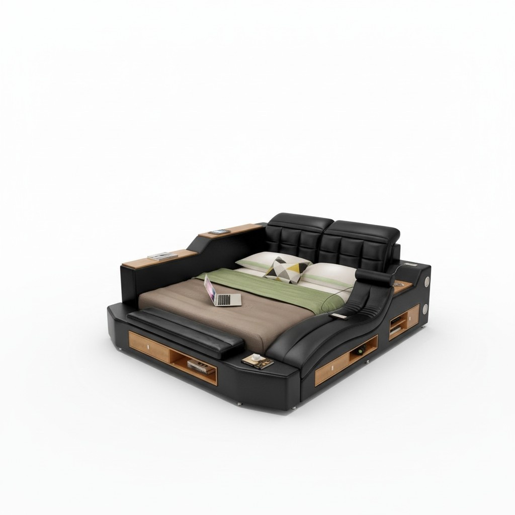 Design Leder Betten Hotel Doppel Multifunktions Bett Bluetooth Boxen Luxus Neu