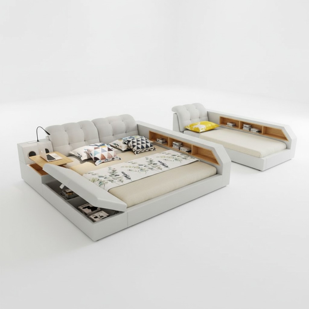 Design Leder Betten Hotel Doppel Ablage Regal 180x200 Multifunktions Bett Luxus