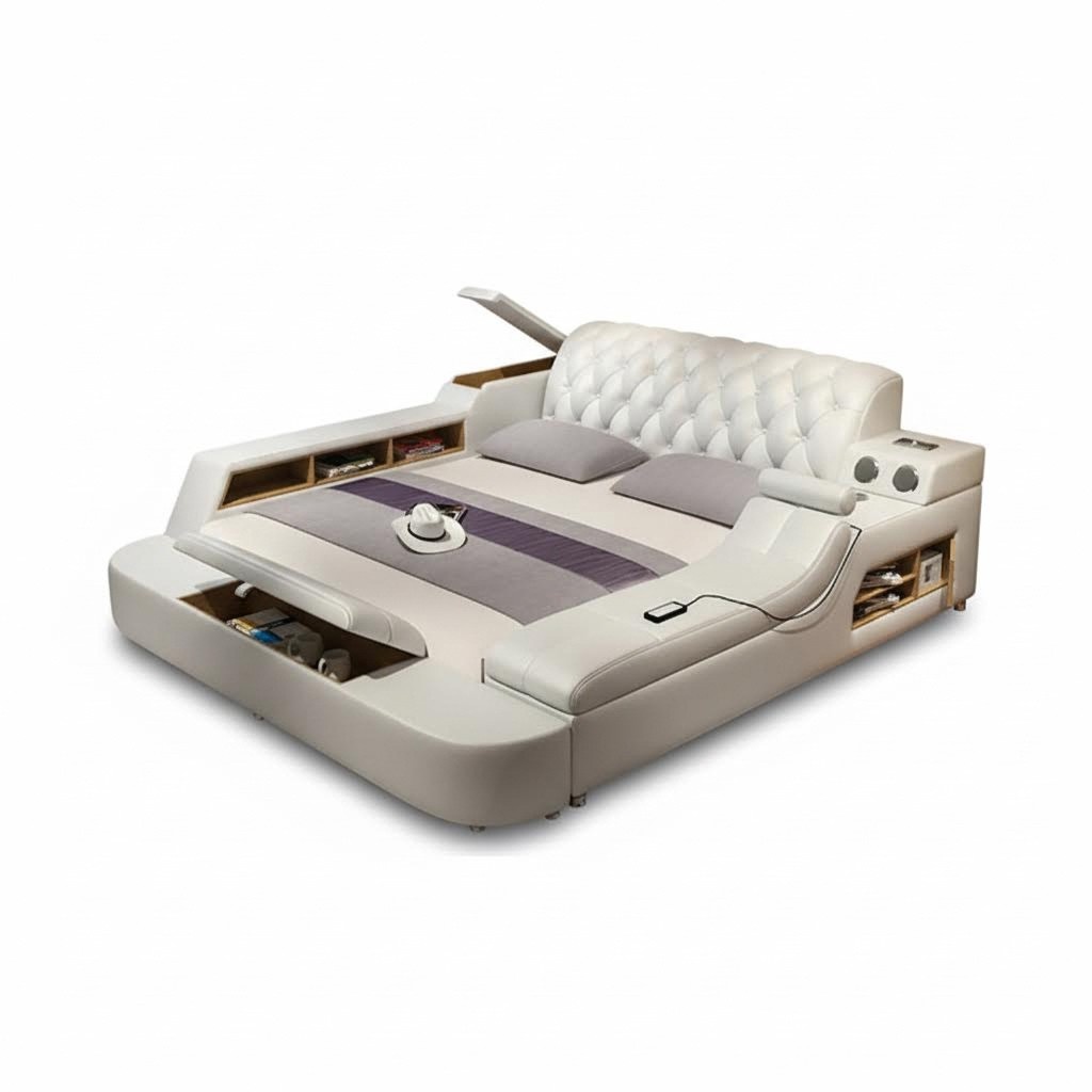 Design Multifunktion Bett XXL Big Betten Leder Hotel Polster 150x200cm Regal USB
