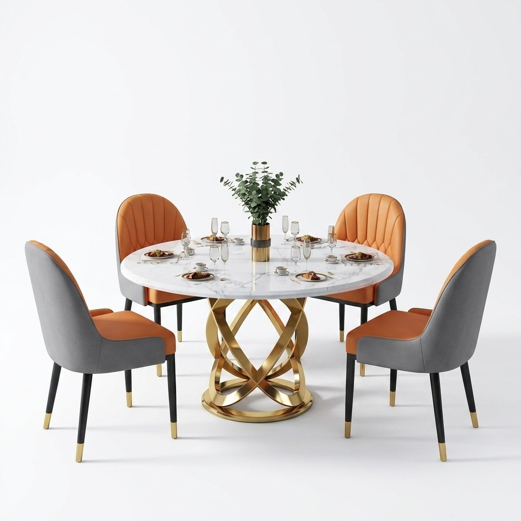 Design Rund Ess Zimmer Stuhl Set Metall Tische Sessel 4x Stühle + Tisch Garnitur