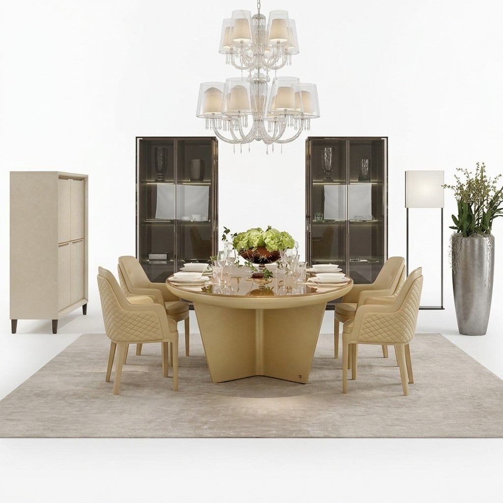 Design Rund Tisch 6x Sessel Stühle Ess Zimmer Sitz Polster Garnitur Runde