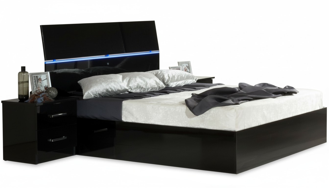 Design Schlafzimmer 3tlg. Bett 2x Nachttisch Luxus Betten Set Möbel Led Licht