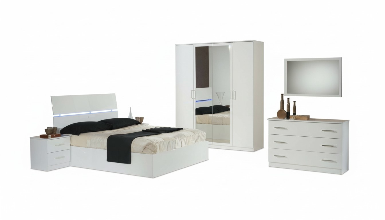 Design Schlafzimmer 6 tlg. Komplettes Set Bett Nachttisch Kommode Spiegel Holz